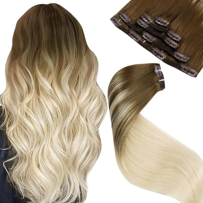 Echthaar Clip-in Extensions Ombre Braun Hellblond 30cm