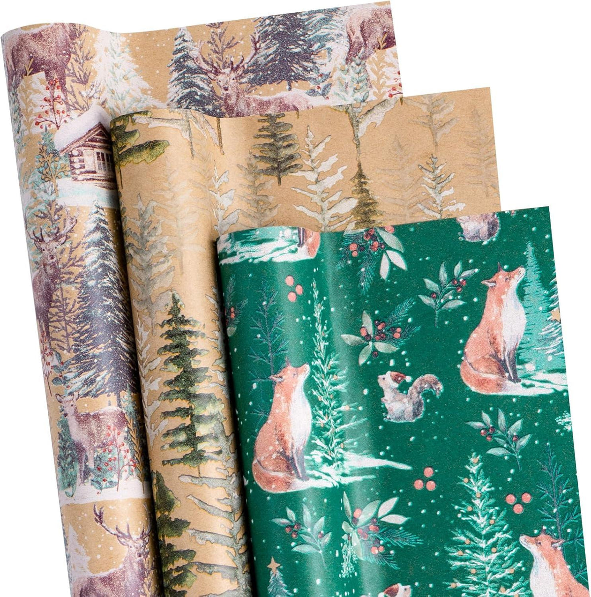 Weihnachtsgeschenkpapierrolle Kraftpapier Fuchs Rentier Weihnachtsbaum 3 Rollen 43,2x3m