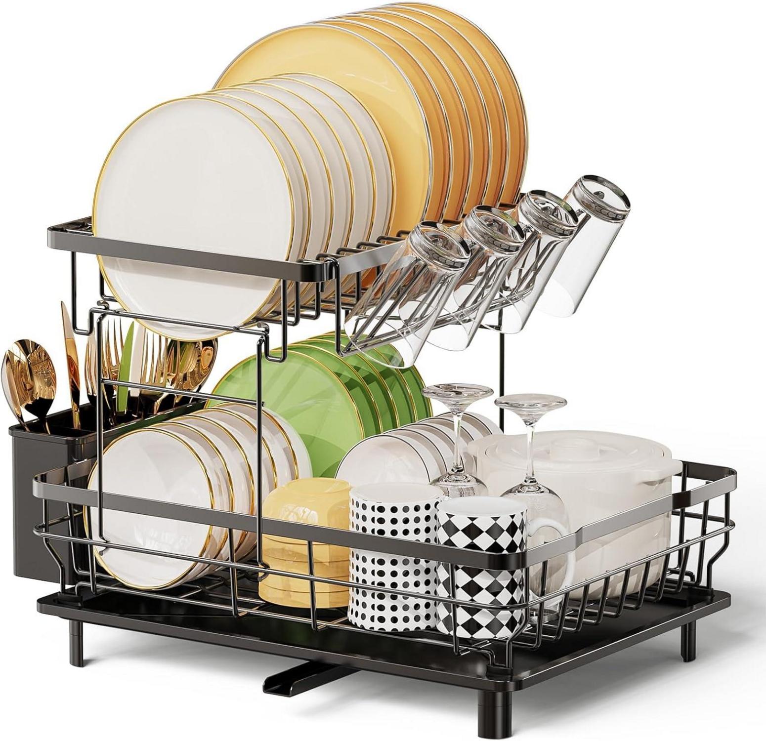 Abtropfgestell Geschirr 2-Tier Edelstahl Utensilienhalter Schwarz