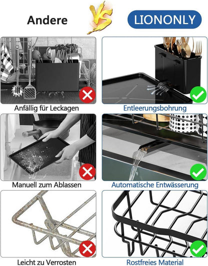 Abtropfgestell Geschirr 2-Tier Edelstahl Utensilienhalter Schwarz