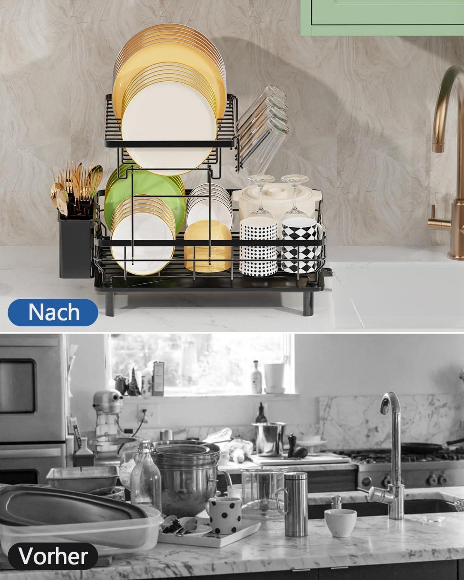 LIONONLY Abtropfgestell 2-Tier Edelstahl mit Utensilienhalter Schwarz