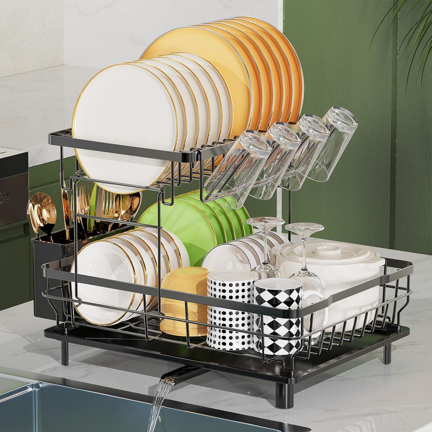 LIONONLY Abtropfgestell 2-Tier Edelstahl mit Utensilienhalter Schwarz
