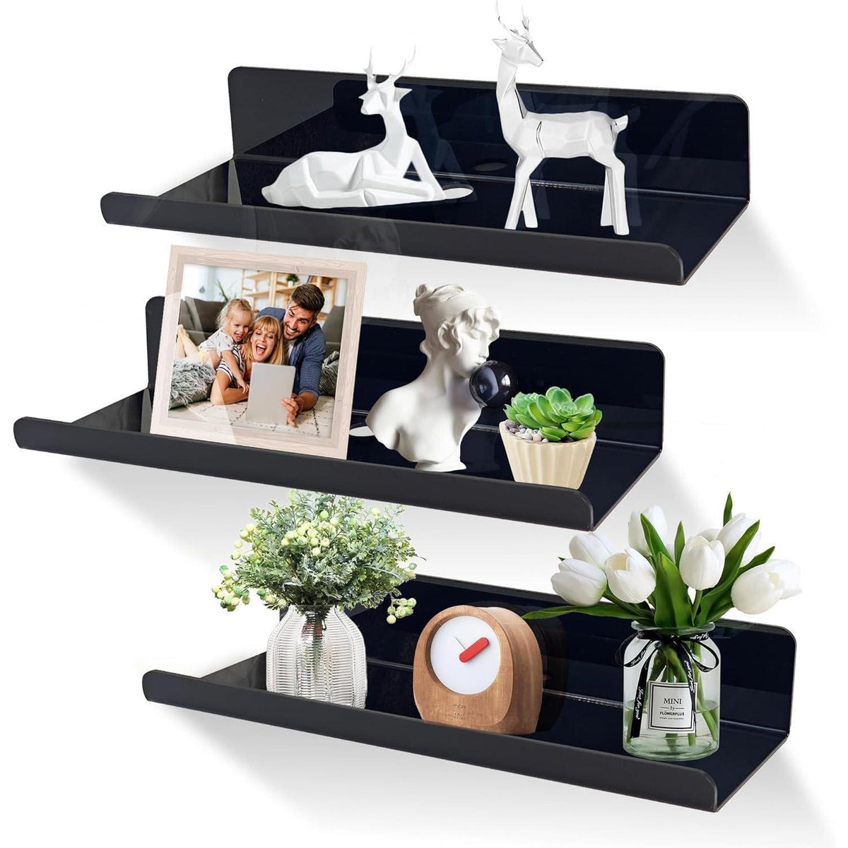 3er Set Wandregal ohne Bohren, Acryl, Schwarz, 30cm