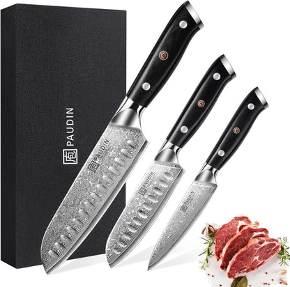 Damastmesser Set 3-teilig Japanischer VG10 Stahl Santokumesser