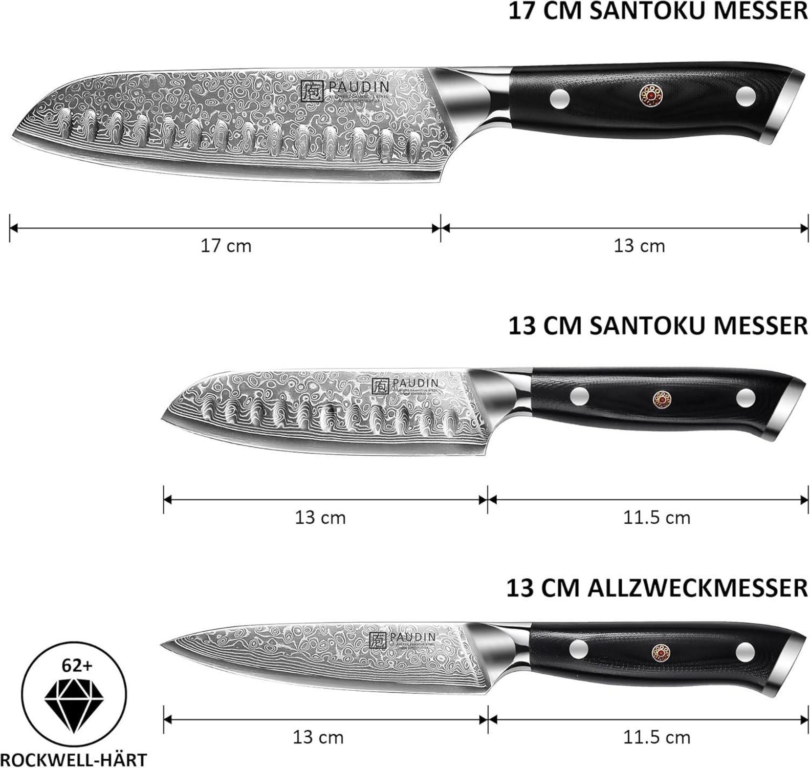 Damastmesser Santokumesser Set 3-teilig Küchenmesser