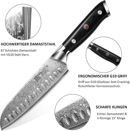 Santokumesser Damaststahl 17cm Ultra Scharf Japan VG10 Kern G10-Griff