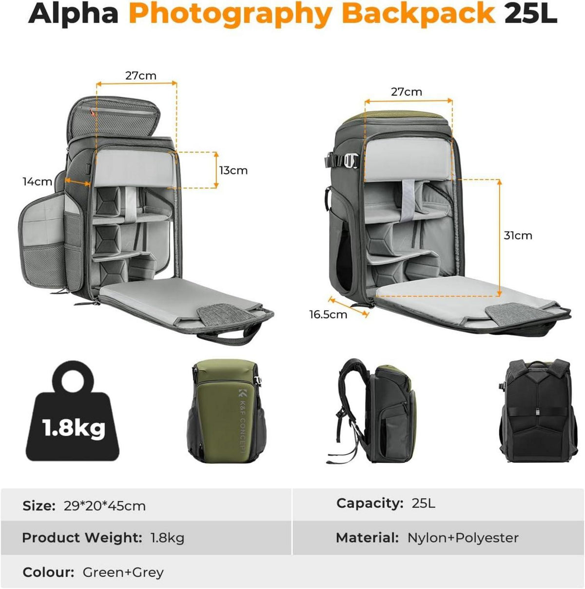 K&F Concept Kamerarucksack 25L Fotorucksack 16Zoll-Laptopfach Canon Nikon Sony