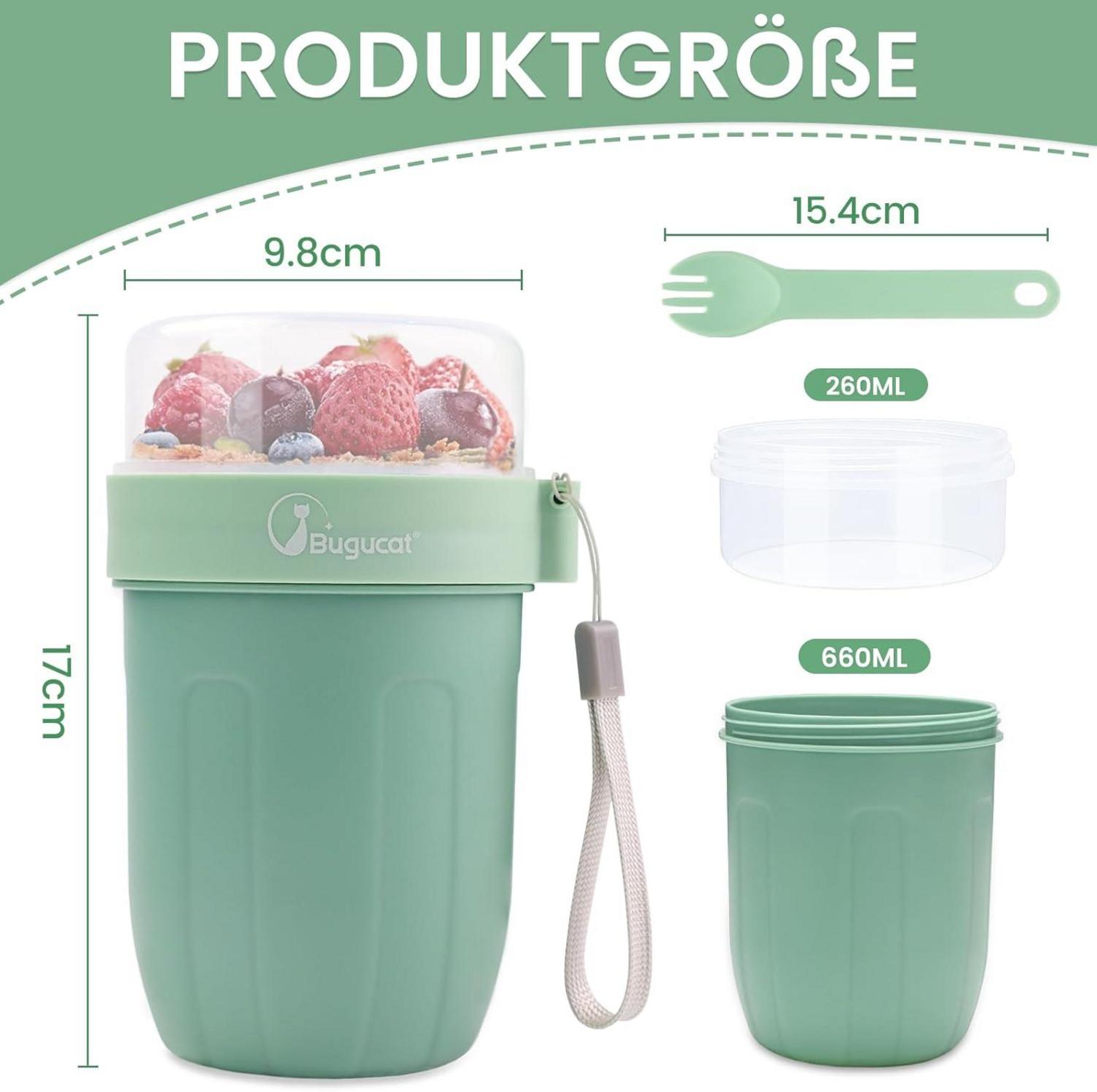 Bugucat Müslibecher to Go 660ML+260ML grün Löffel Aufkleber