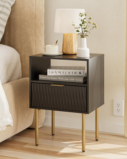 Nachttisch Schwarz Gold MDF Holz Beistelltisch 1 Schublade 1