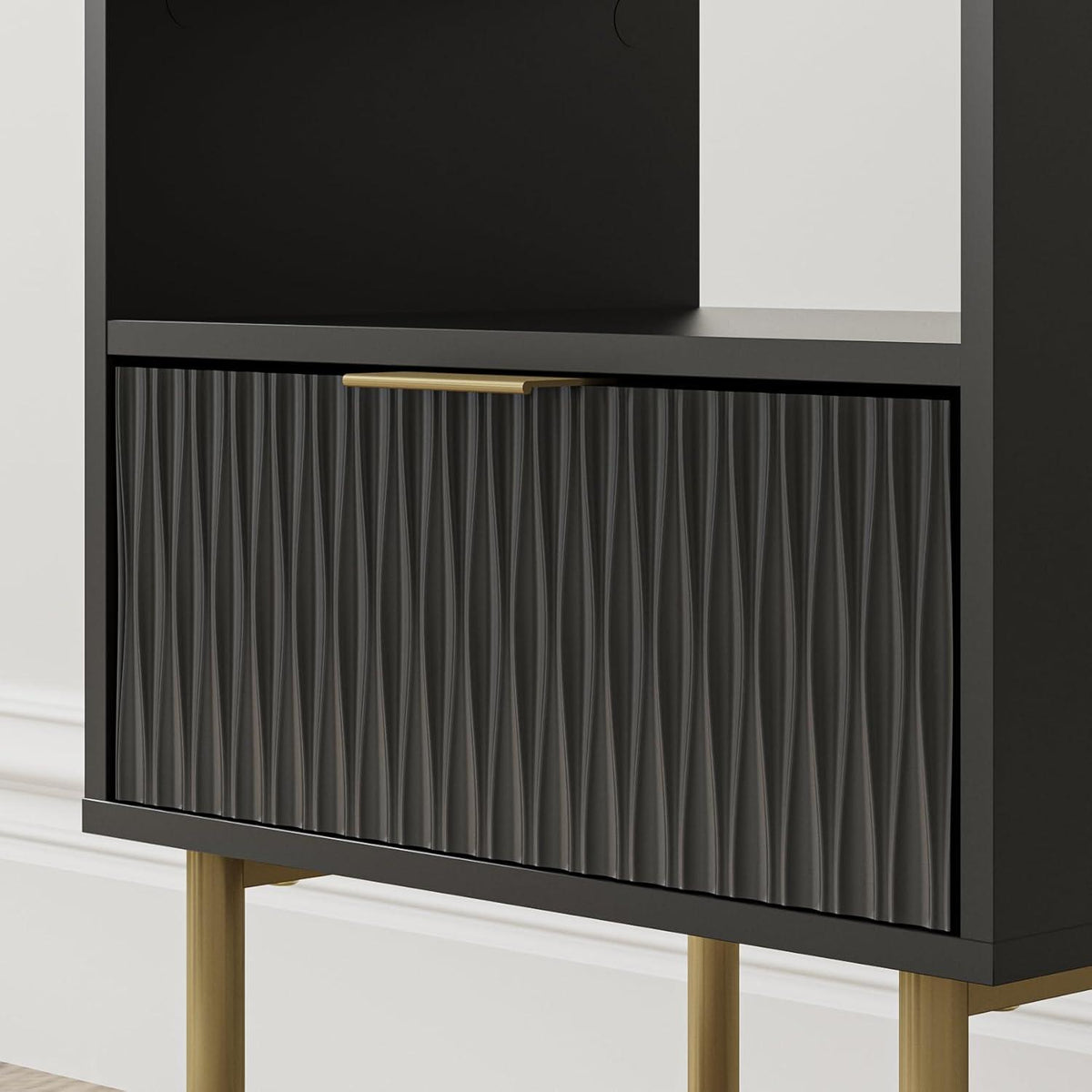 Nachttisch mit offener Ablage & Schublade, Schwarz/Gold, Modern, 56cm