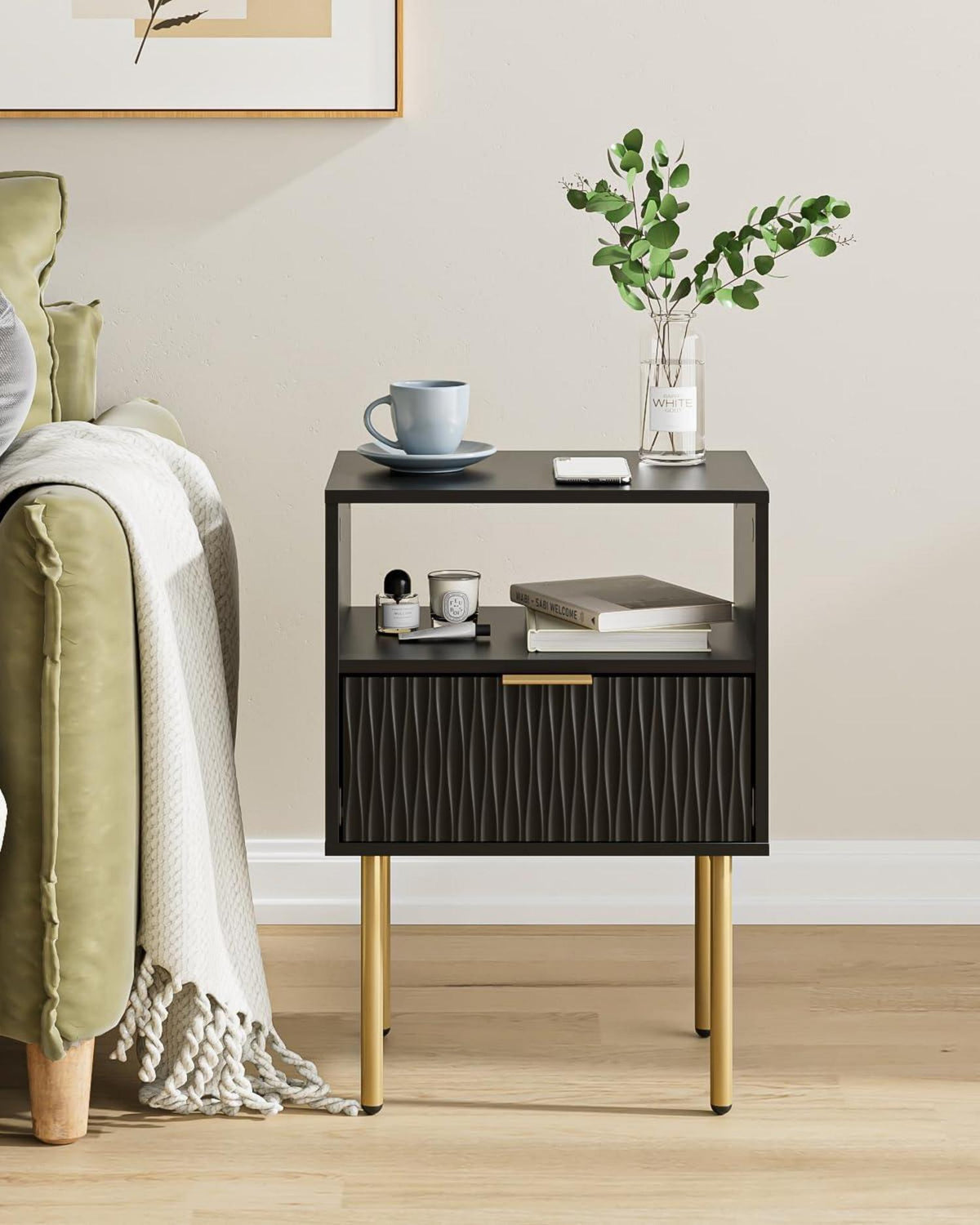 Nachttisch mit Ablage und Schublade, Modern, Schwarz und