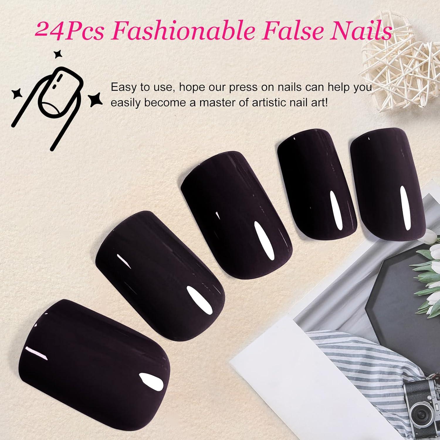 24Pcs French Press On Nägel Kurz Acrylic Einfarbig Schwarz