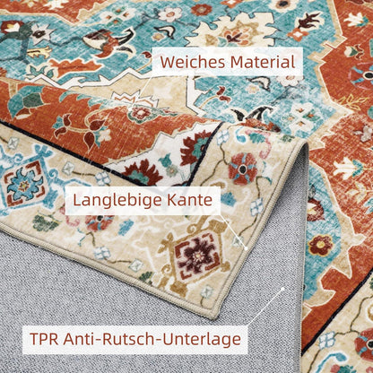 Vintage Orientalischer Teppich 200x280cm Kurzflor Rutschfest Waschbar Orange Blau