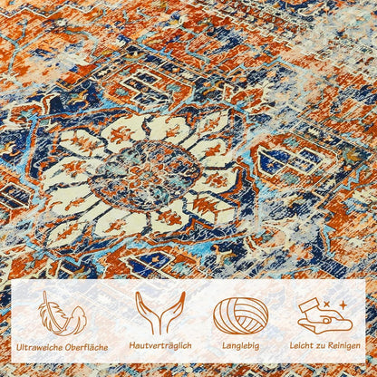 Boho Teppich Wohnzimmer 140x200cm – Orange, Kurzflor & Rutschfest