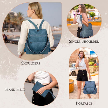 Damen Rucksack Wasserdicht PU Mode Reise Cabrio Handtasche Blau