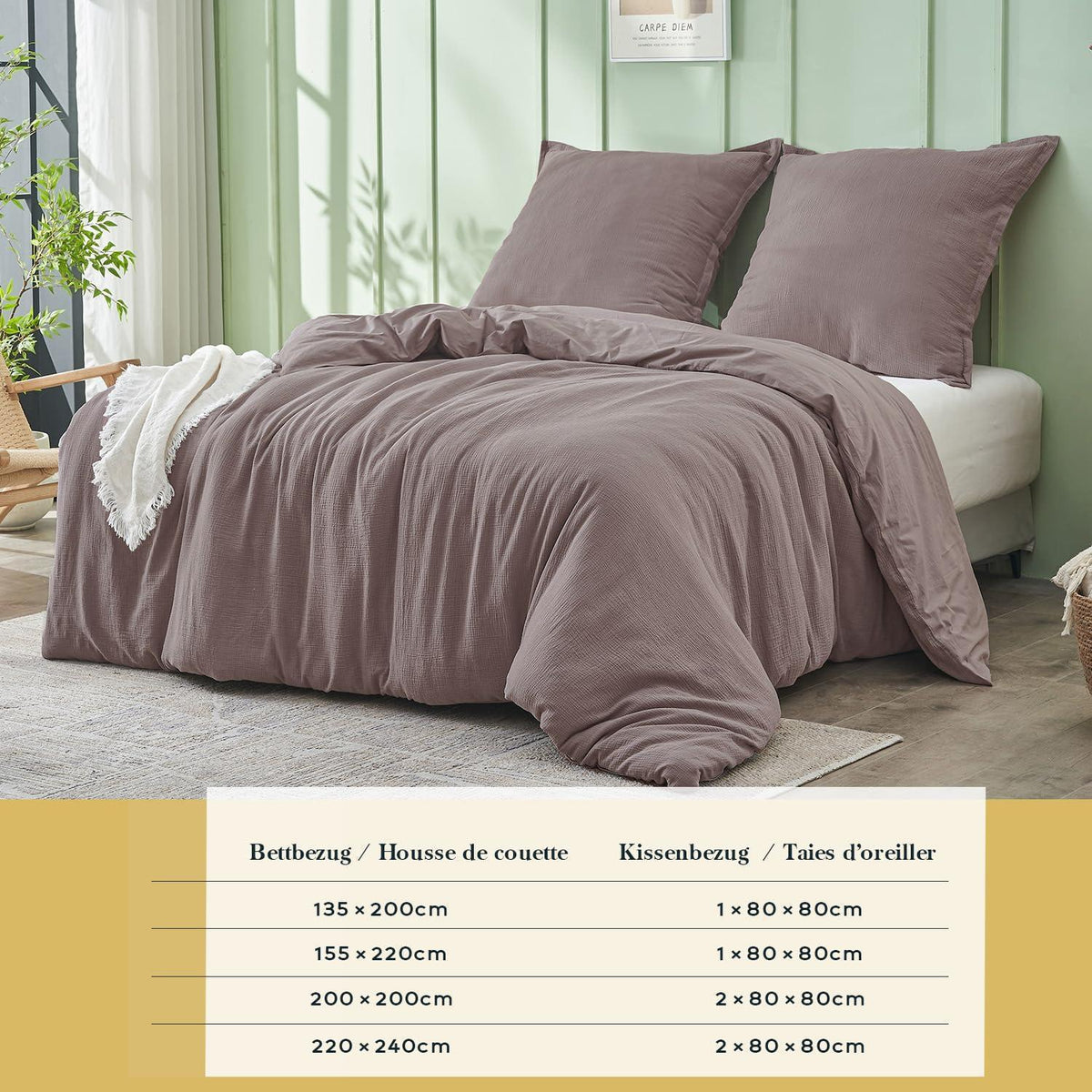 Musselin Bettwäsche Set 220x240 cm, Kaffee Grau