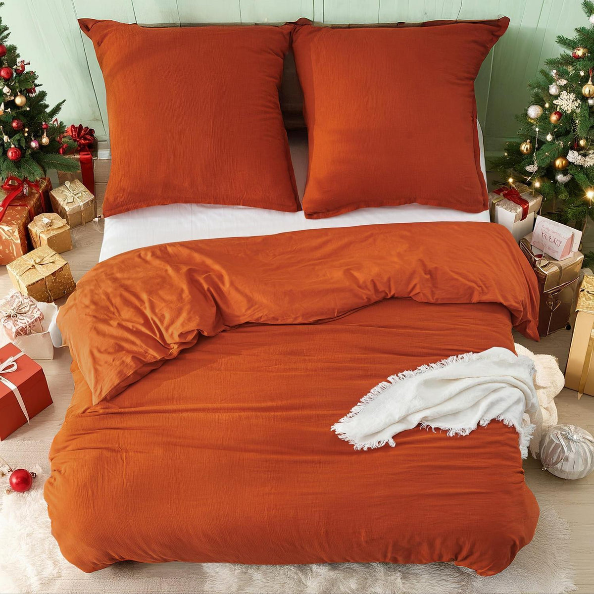Musselin Bettwäsche Set 220x240 cm, Atmungsaktiv & Weich, Orange Gebrannt