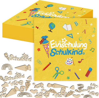 Einschulung Set: Servietten 3-lagig mit Holz Konfetti
