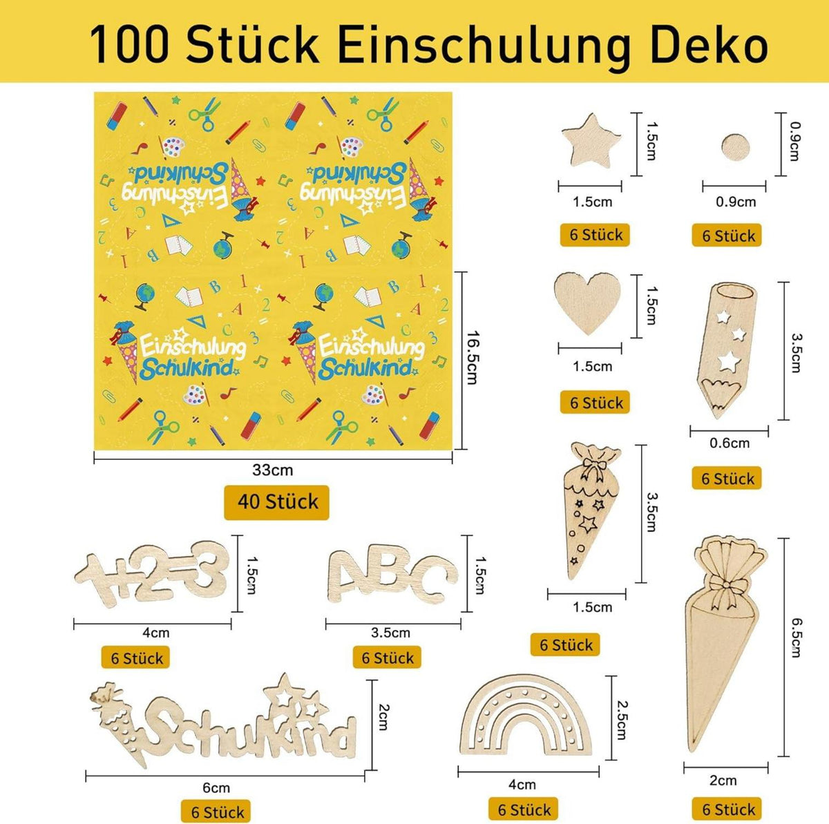Einschulung Set: Servietten 3-lagig mit Holz Konfetti