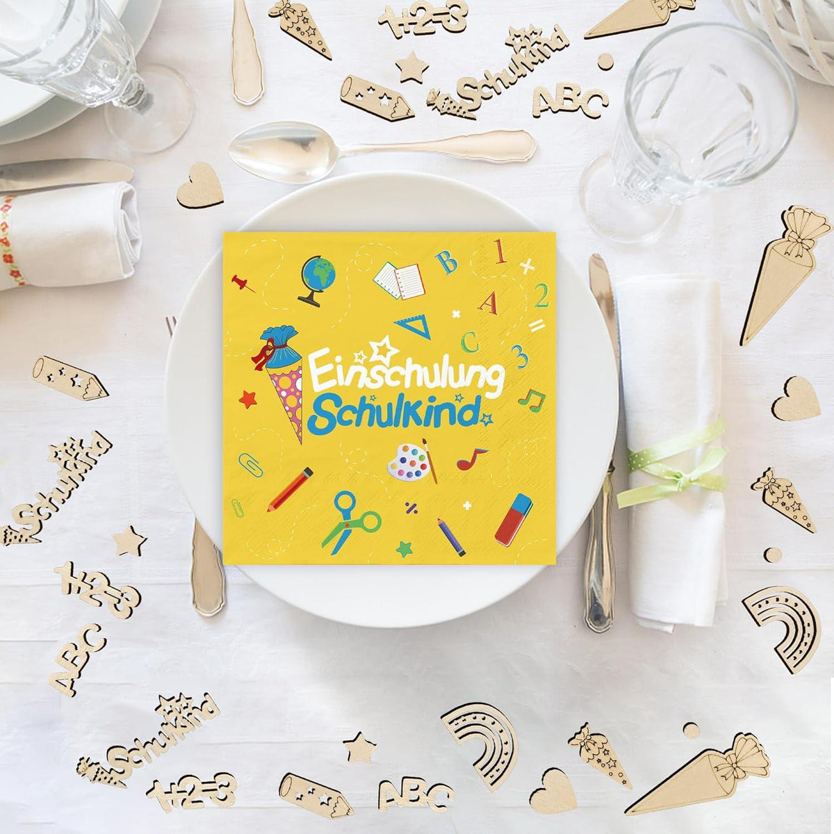 Einschulung Tischdeko Servietten Mädchen Jungen 40er Set Holz Konfetti Glitzernd