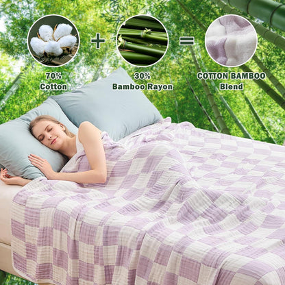 Musselin Decke Kariert Baumwolle Bambus Lavendel 200x230cm