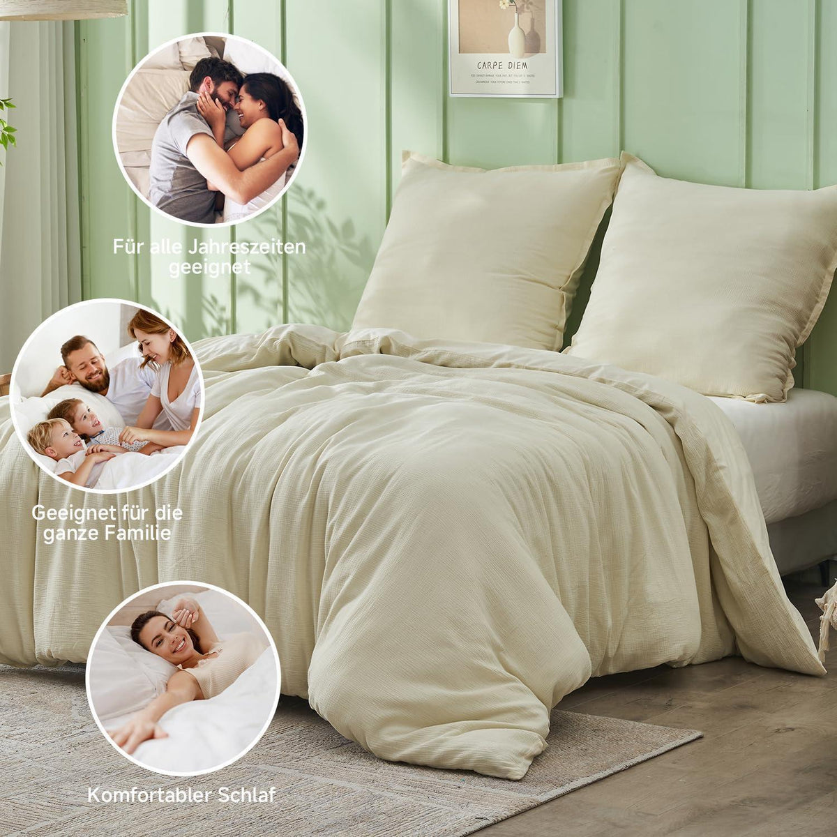 Musselin Bettwäsche Set 220x240 cm – Atmungsaktiv & Weich, Beige