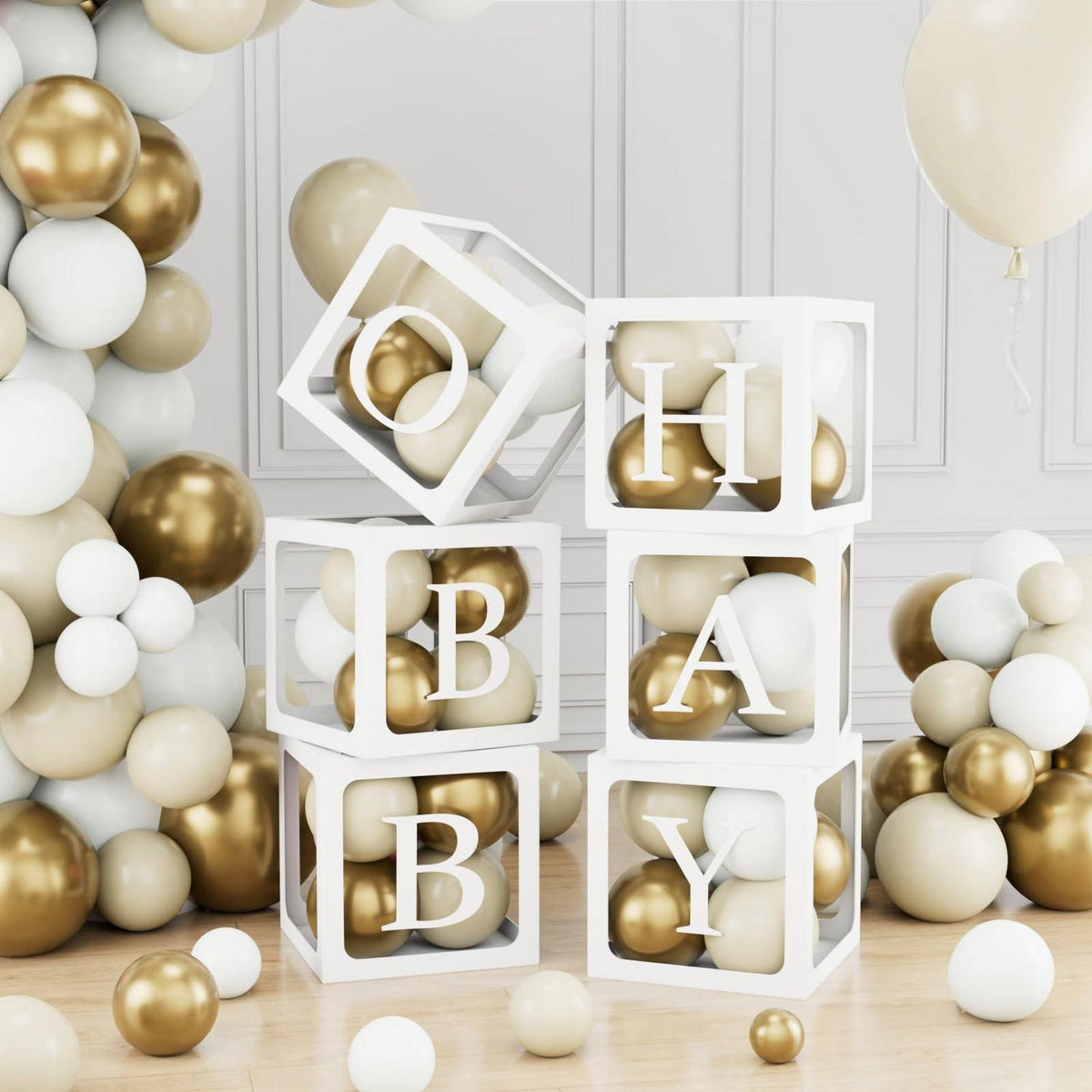 Babyparty Deko Set: 6 Ballonboxen, Buchstaben & 45 Ballons