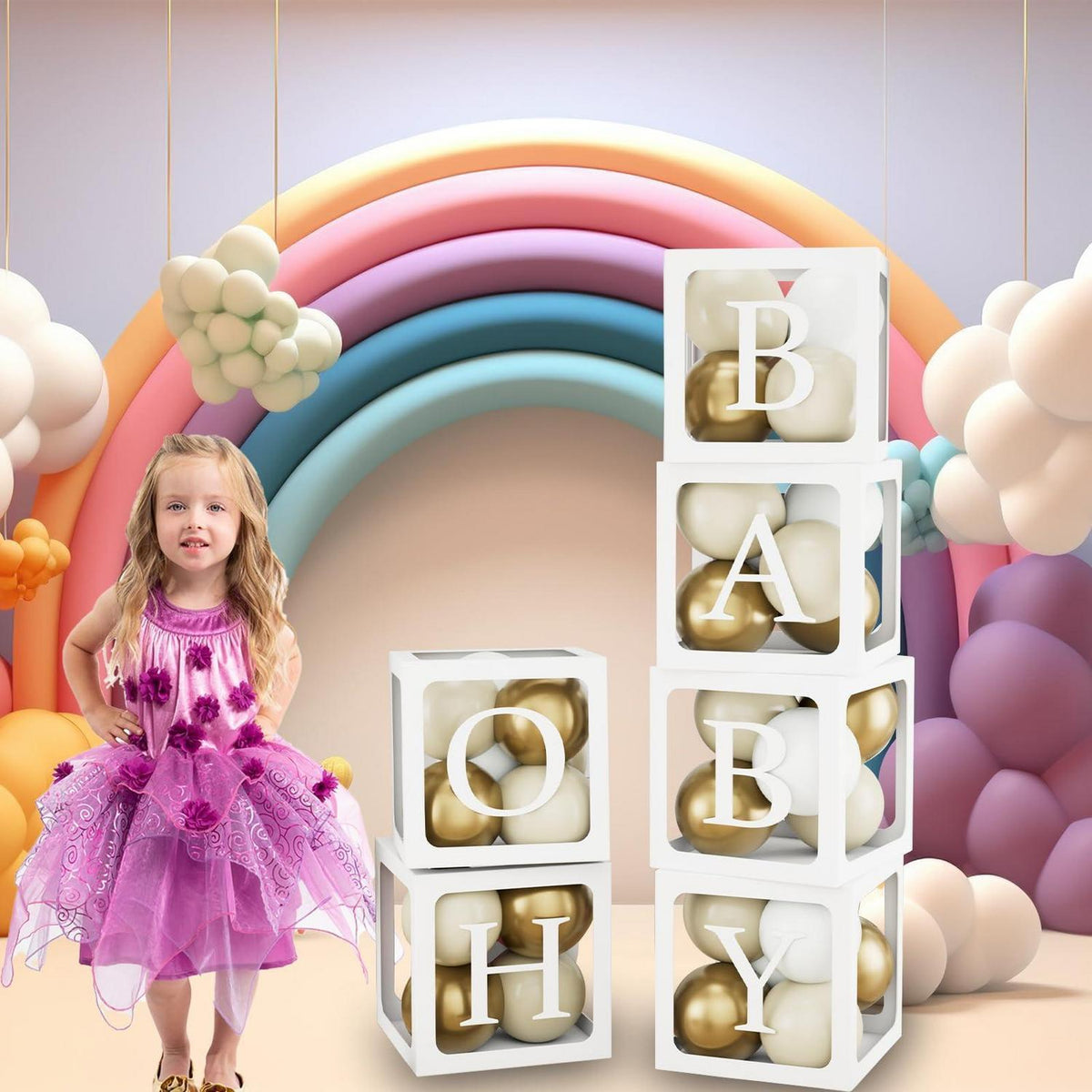Babyparty Deko Set: 6 Ballonboxen, Buchstaben & 45 Ballons