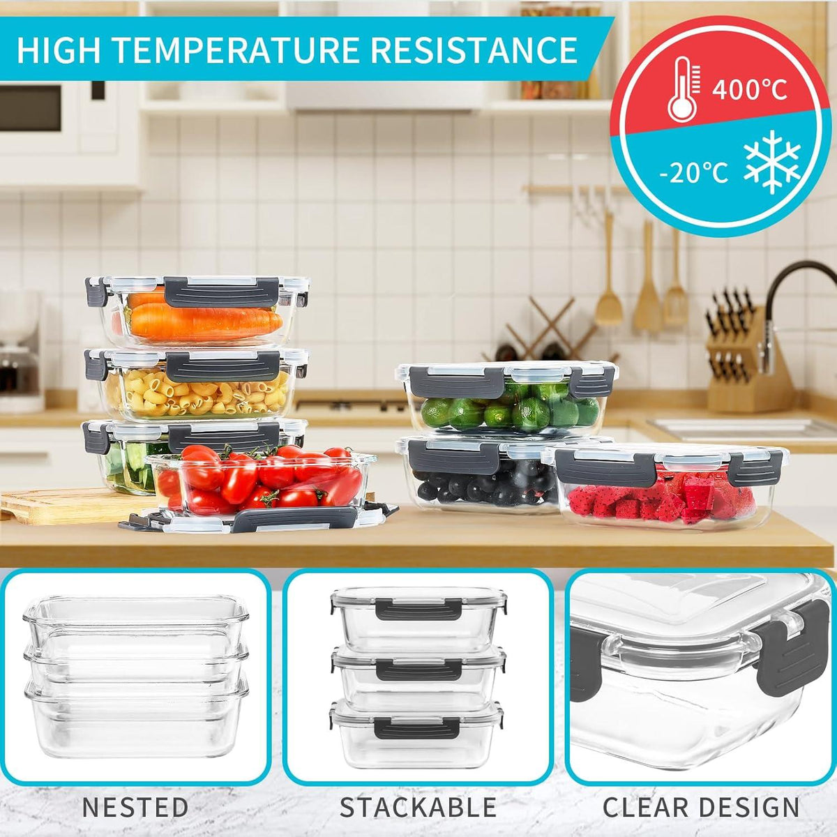 Glas-Frischhaltedosen 20Stk 640ml Meal Prep Boxen transparente Deckel