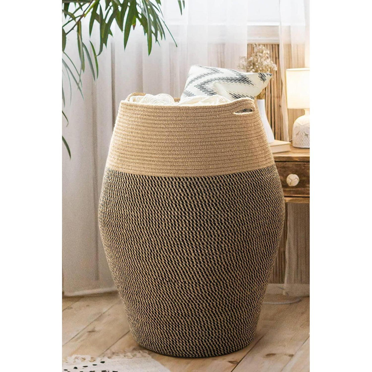 Großer Wäschekorb geflochten – Schwarz & Jute, 65cm hoch