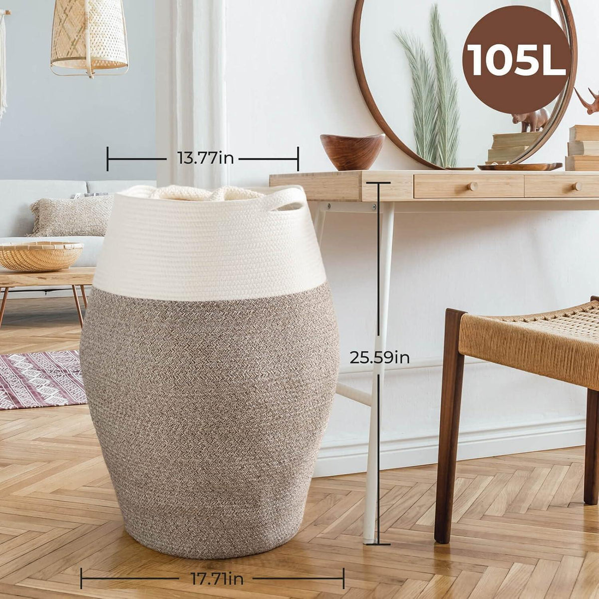 Großer Wäschekorb geflochten – 105L, Weiß & Braun