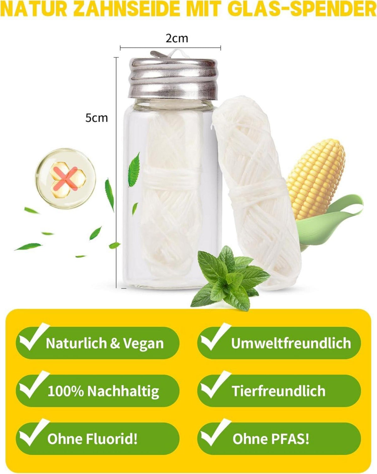 Nachhaltige Natur Zahnseide 2x30m im Glas-Zahnseidespender Minze Vegan