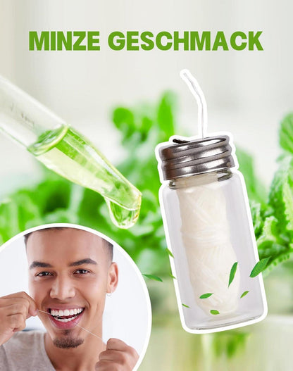 2x30m Natur Zahnseide im Glas-Zahnseidespender Minze Vegan Öko Dental