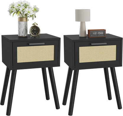 Rattan Nachttisch 2er Set mit Magnetschublade und Massivholzbeinen
