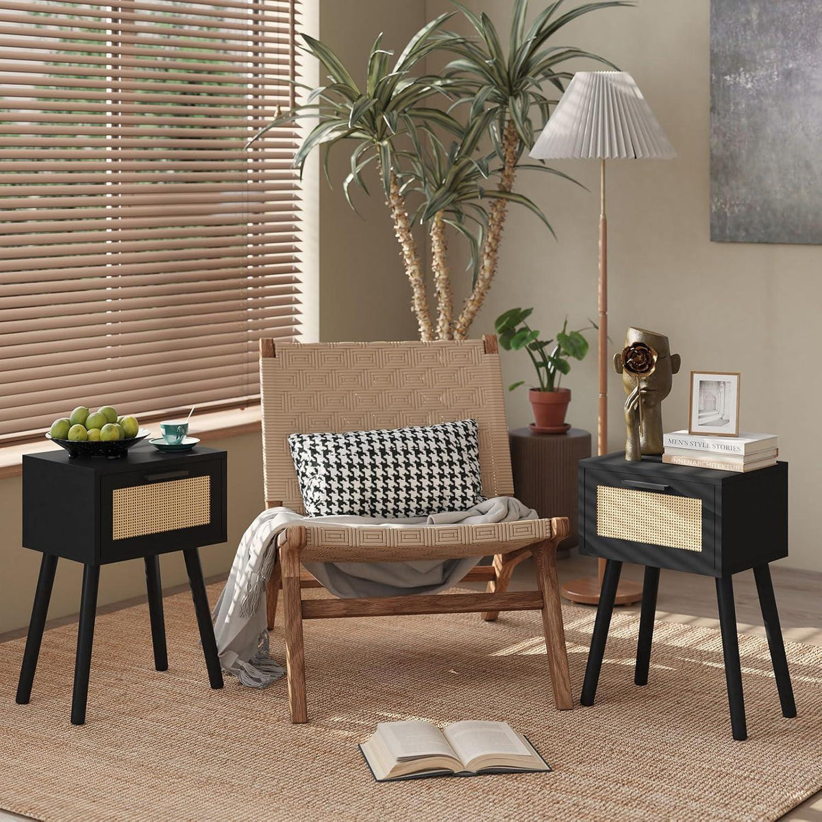YMYNY Rattan Nachttisch Set mit Magnetschublade, Massivholz