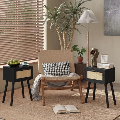 YMYNY Rattan Nachttisch Set mit Magnetschublade, Massivholz