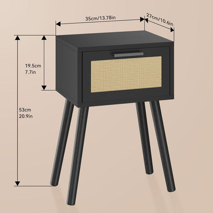 Rattan Nachttisch 2er Set mit Magnetschublade und Massivholzbeinen