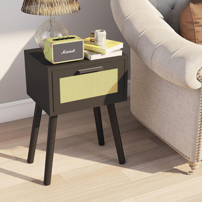 YMYNY Rattan Nachttisch 2er Set Schwarz 35x27x53 cm Beistelltisch mit Magnetschublade