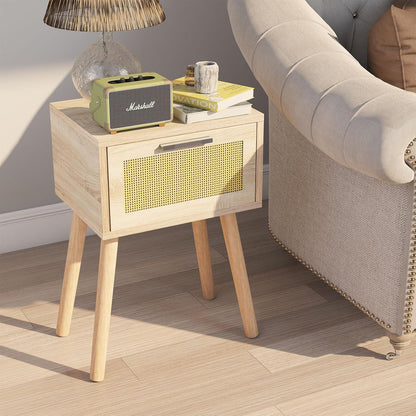 YMYNY Rattan Nachttisch Set mit Magnetschublade und Massivholz Beinen 35x27x53cm