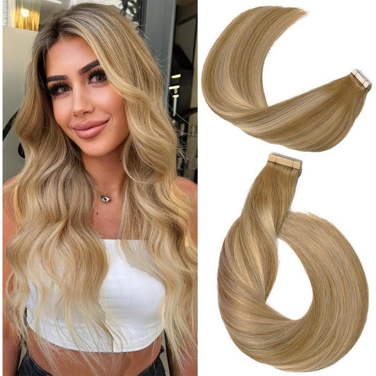 Echthaar Tape Extensions Goldbraun Balayage 45cm