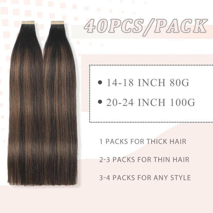 Echthaar Tape Extensions Schwarzbraun 55cm (100g)