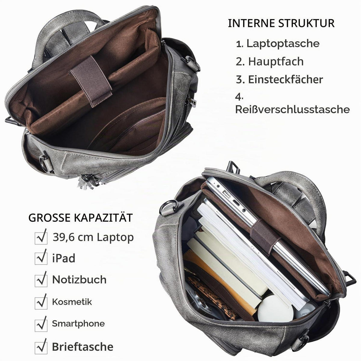 Rucksack Damen Laptopfach 15,6 Zoll Wasserdicht Business in Lederoptik