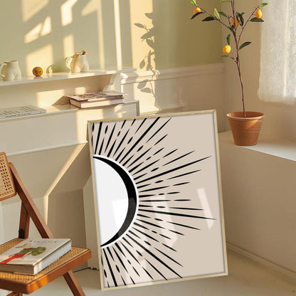 Moderne Sonne und Mond Boho Leinwandbilder Set mit Rahmen, abstrakte