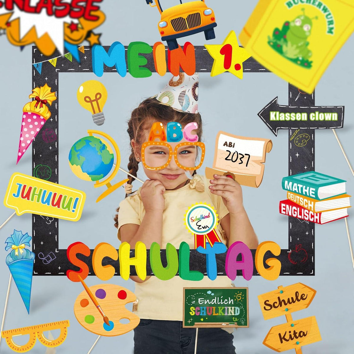 Einschulung Fotobox Accessoires Set - 24 Foto Requisiten + Großer Fotorahmen