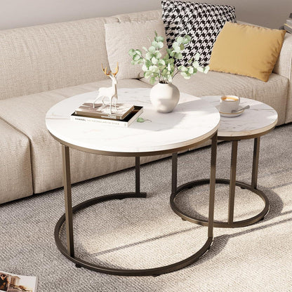 Runde Couchtische 2er-Set Metallrahmen weißer Marmorplatte 60 cm