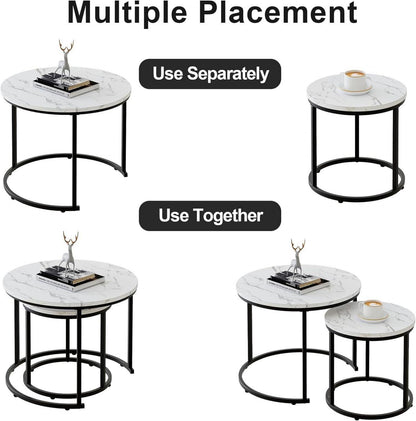 Runde Couchtische 2er-Set Beistelltisch Metallrahmen Weiß Marmorplatte