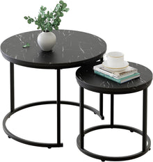 Runde Couchtische 2er-Set Beistelltische Metallrahmen Marmorplatte