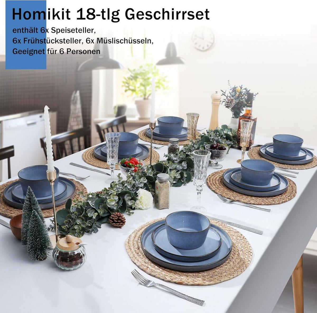 18-tlg Geschirr Set Steinzeug Tafelservice Müslischüsseln Dessertteller Blau - Mikrowellen- Spülmaschinenfest