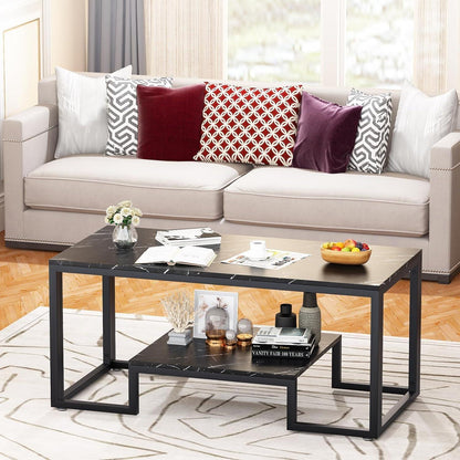 Moderner Couchtisch 2 Etagen Schwarz Metallrahmen 100x48x50cm