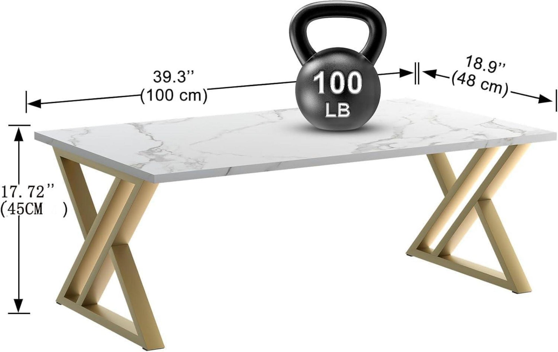 Moderner Couchtisch 100x40x45cm goldfarbener Metallrahmen
